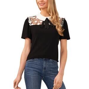 CeCe Embroidered Black Top PeterPanCollar Top White Lace Yoke 90's Y2K Twee Sz L